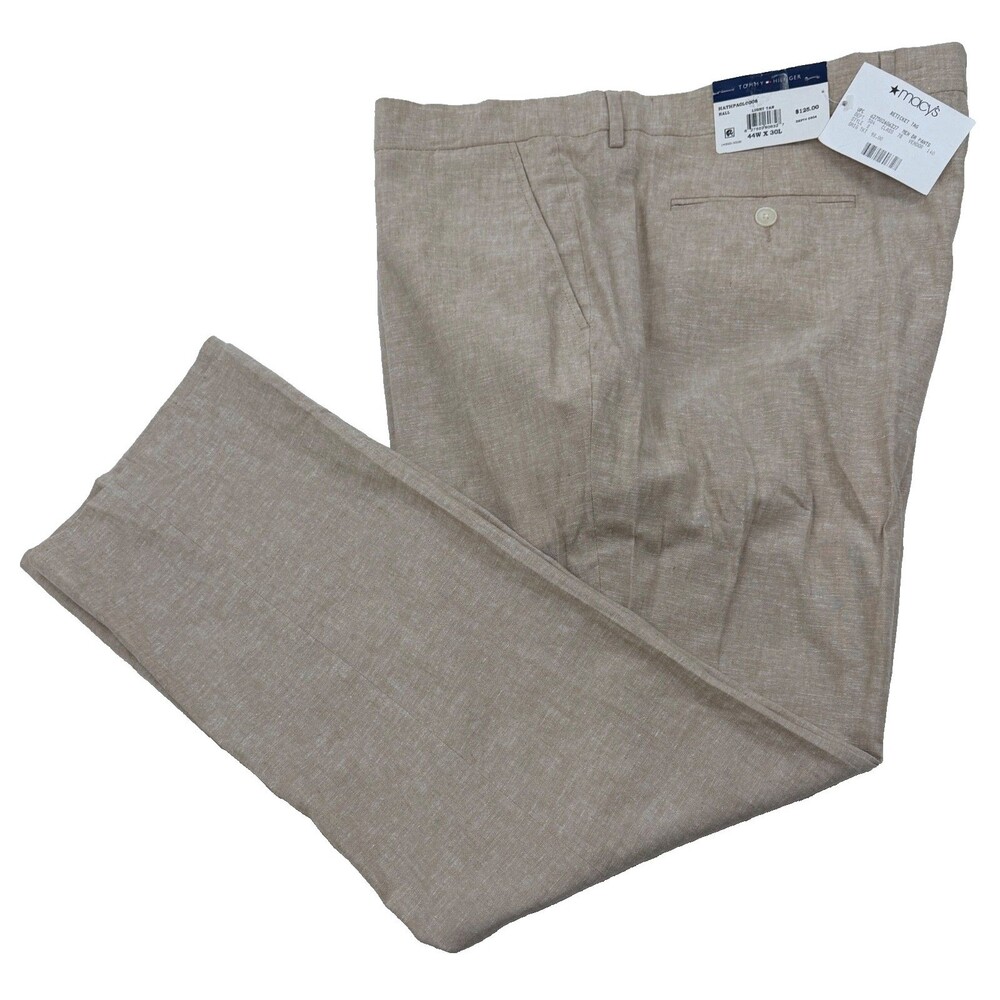 $98 NEW TOMMY HILFIGER MENS 44X30 LIGHT TAN LINEN TROUSERS DRESS PANTS SLACKS